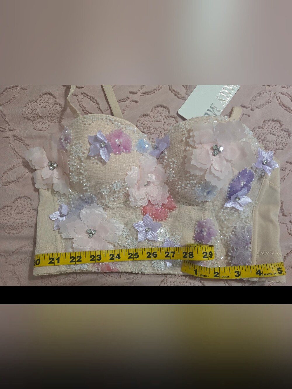 Floral Appliqué Longline Bustier Bra in Blush